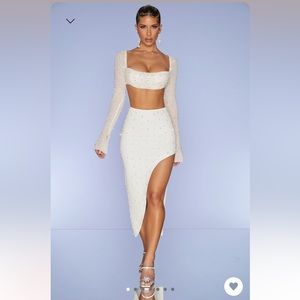 Oh Polly Embellished Cowl Neck Crop Top & Maxi Skirt in Ivory | Two Piece Set